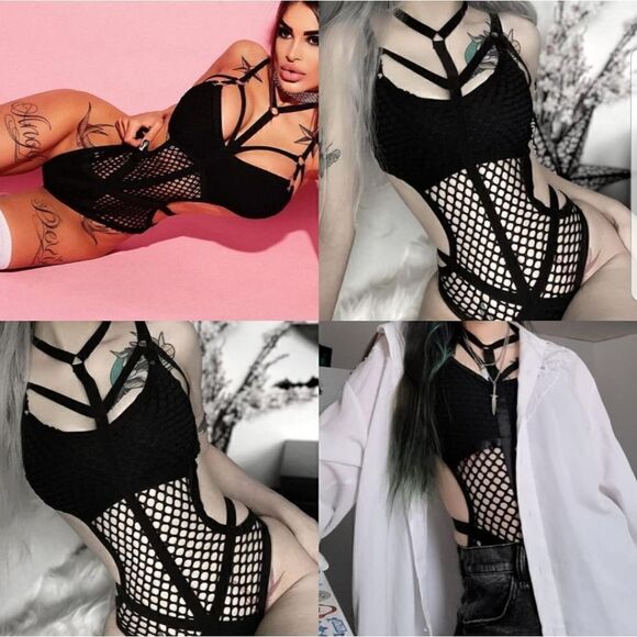 Women Gothic Dark Fishnet Bodycon Sexy Halter Bodysuit Punk Hollow Out    - Picture 7 of 16